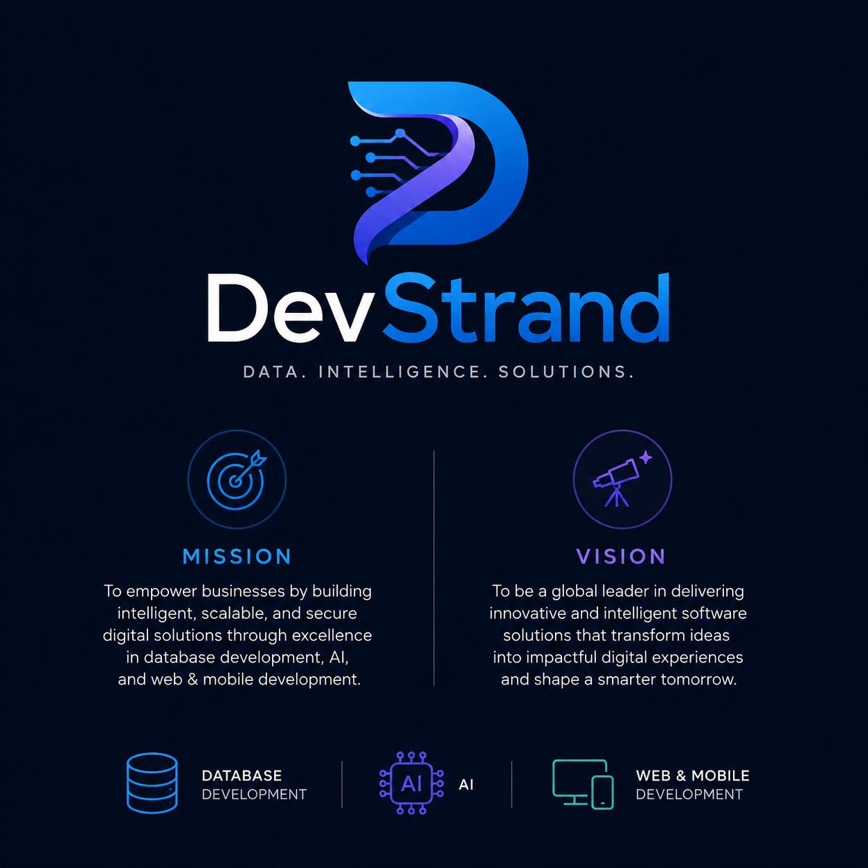 DevStrand mission, vision, and core services: Database Development, AI, and Web & Mobile Development
